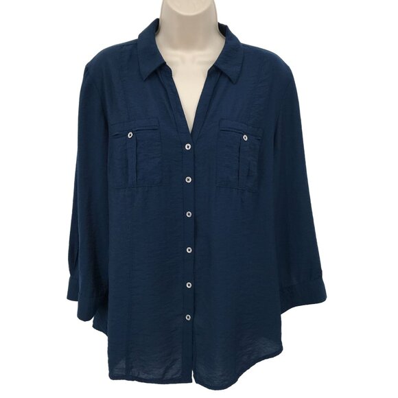 DP Established 1962 Womens Blue Button Front Long Sleeve Blouse Size L - Picture 1 of 7